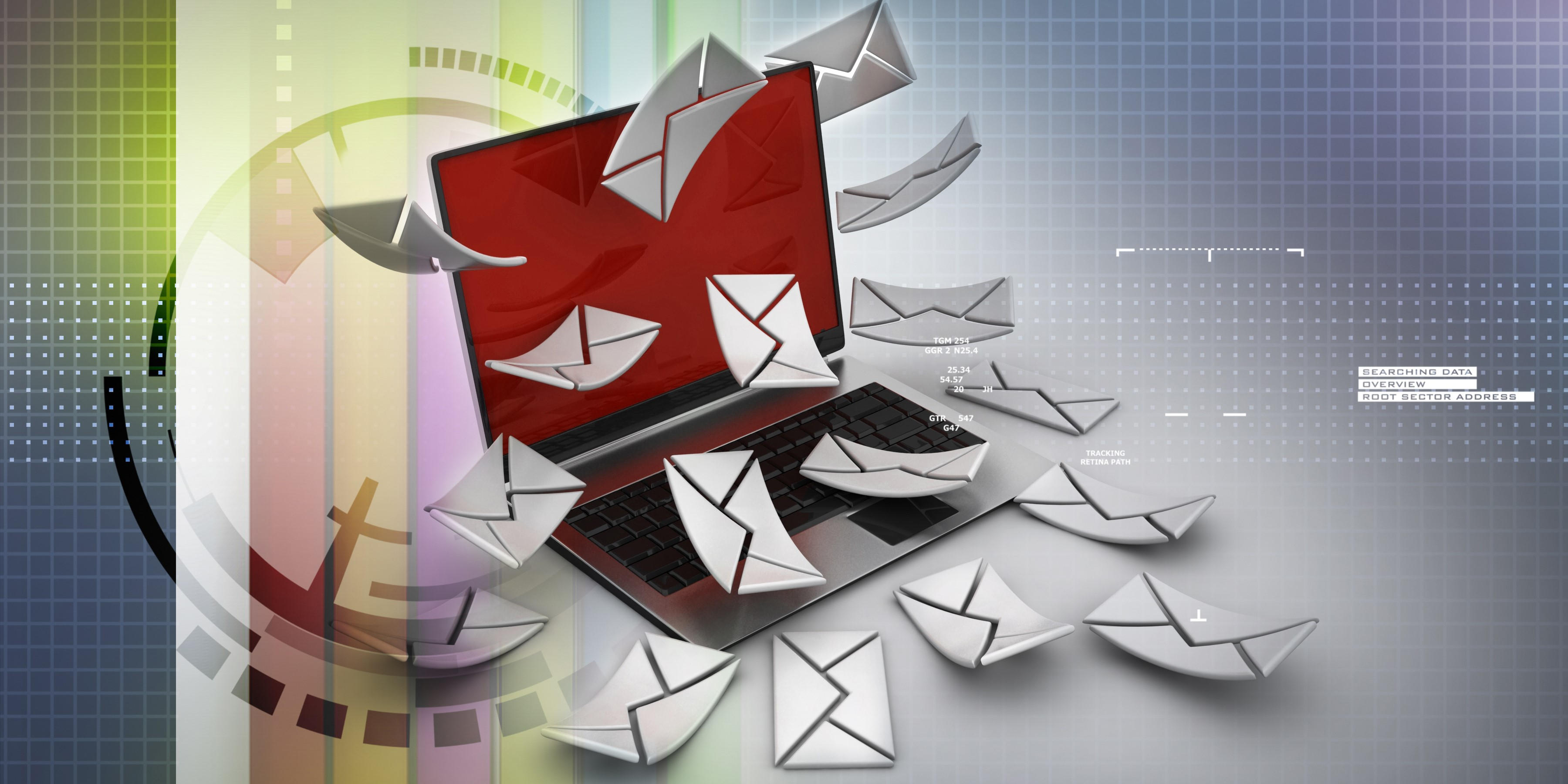 Illustration of white envelops scattered around a laptop screen